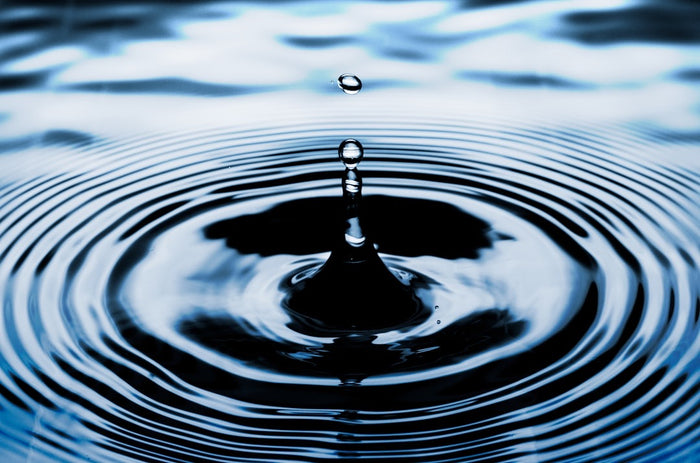 A single water droplet rebounding from the surface of still water, concentric ripples spreading out around it.