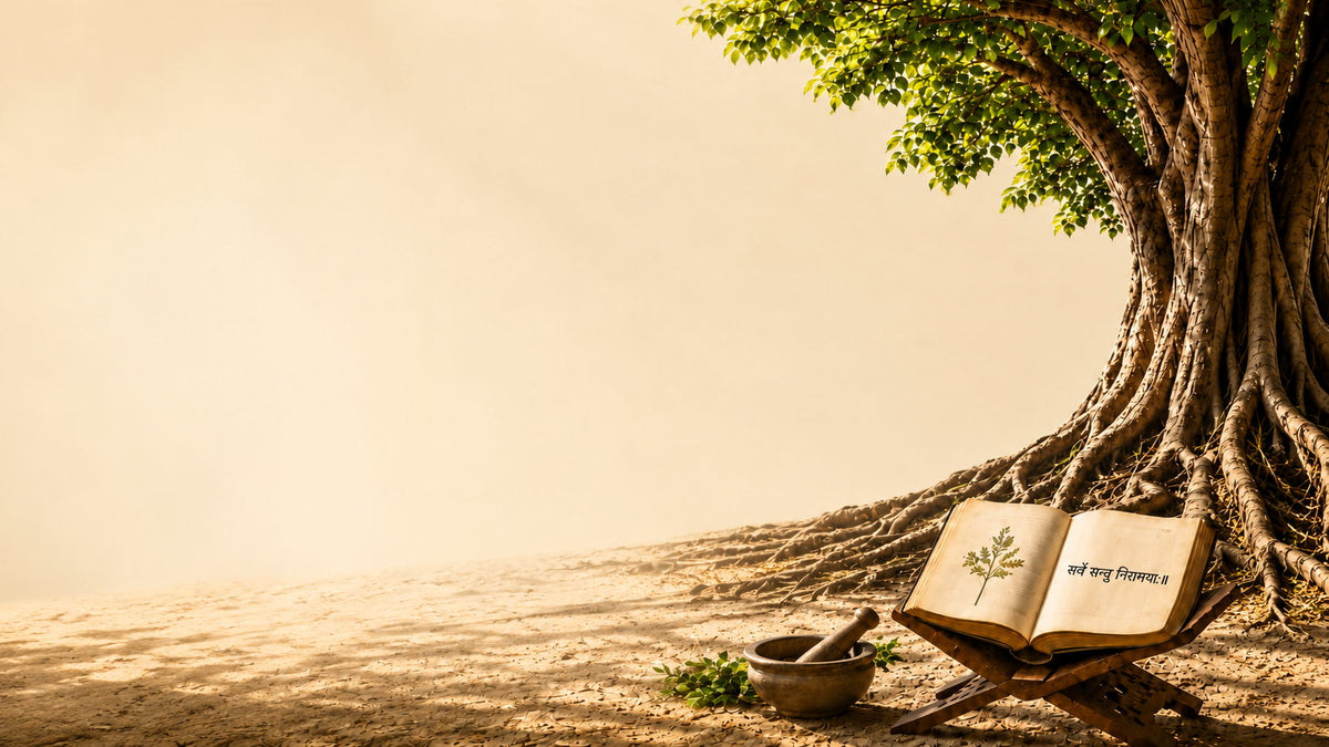 A peepal tree beside a sunlit wall, an open Ayurvedic manuscript on a wooden stand and a stone mortar and pestle below it